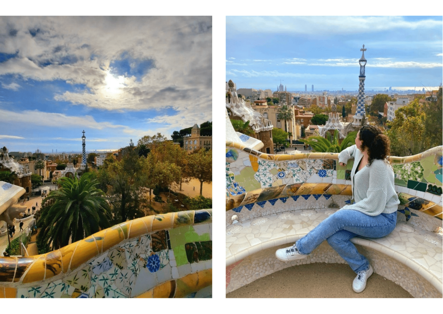 Park Guëll meisje die op een bank met mozaïek zit en uitzicht heeft op Barcelona uit post wat te doen in Barcelona.