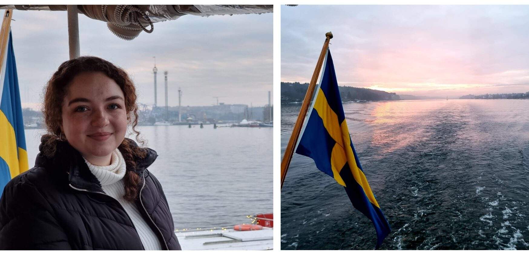 Meisje op een boot met een Zweedse vlag boven het water.